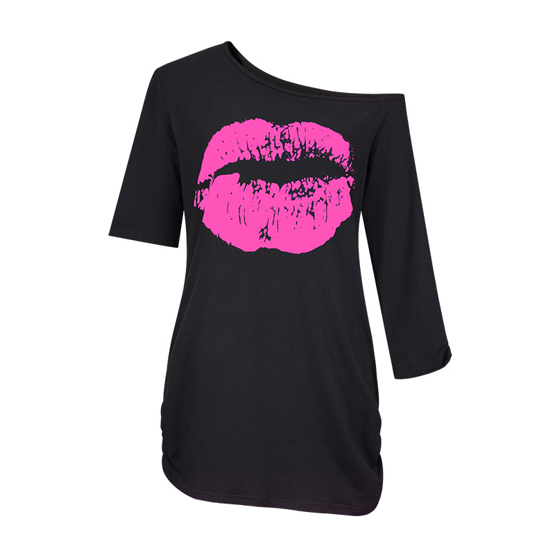 Damen Love bedrucktes Kurzarm-T-Shirt, schulterfreies, unregelmäßiges Ärmel, langes, modisches, schmales Oberteil_voghion.com