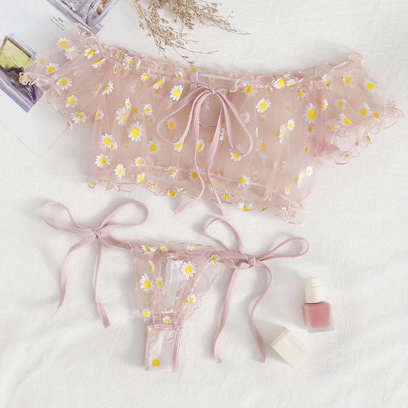 Women Perspective Lingerie Set Embroidery Lace Bowknot Strapless Bra Thong Set Temptation Underwear Sleepwear Nightwear_voghion.com