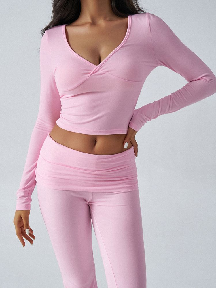 KaiKuo 2024 Automne Hiver Femmes Y2K Décontracté Sport Style Couleur Unie Haut Pantalon Évasé Ensemble 2 Pièces_voghion.com