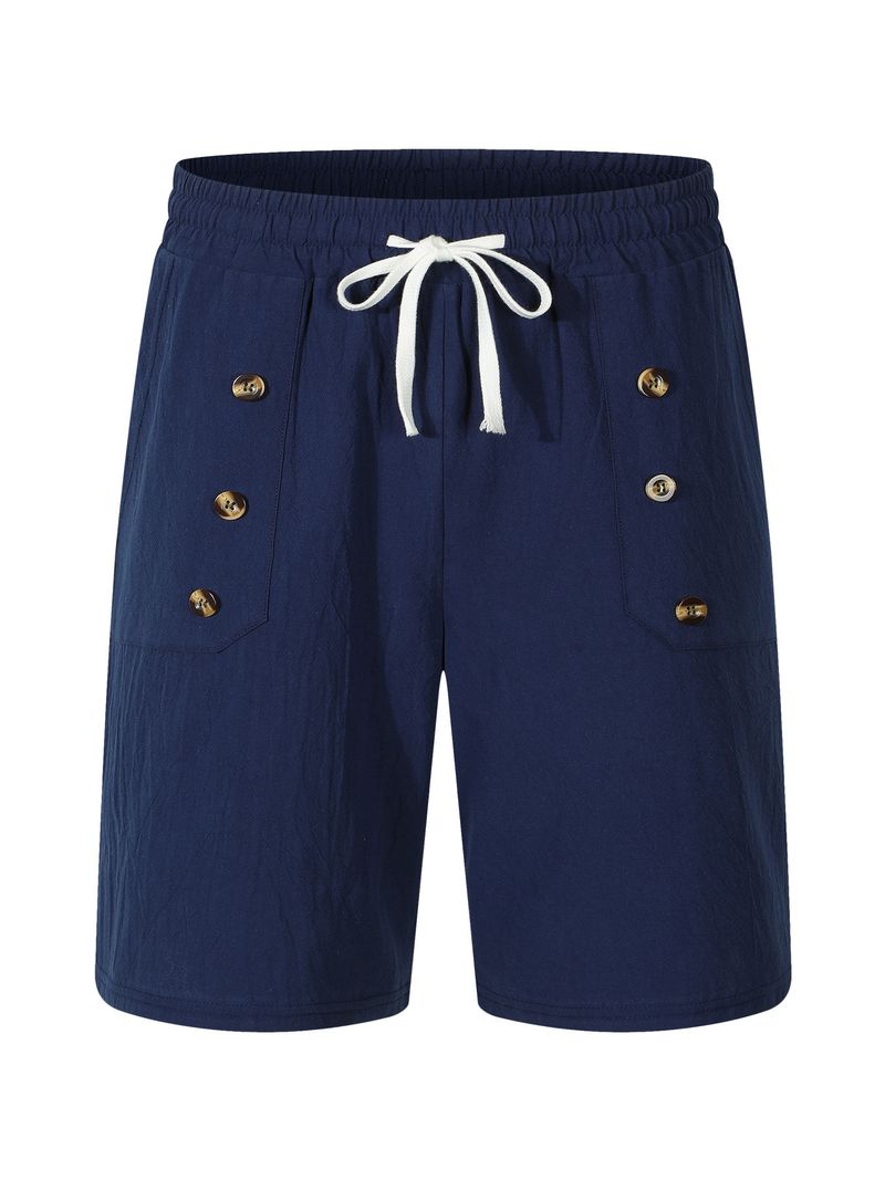 Pantaloncini estivi da uomo in cotone e lino, casual americani, larghi e dritti, con bottoni_voghion.com
