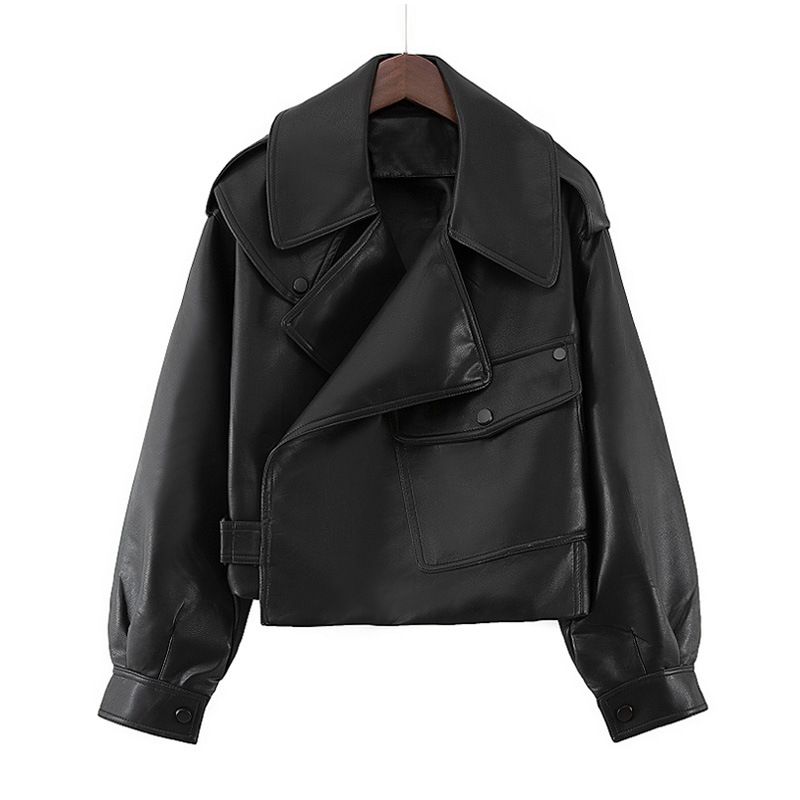 Women's Loose Fit Short Turn-Down Collar PU Jacket 2024 Autumn New Korean Style Motorcycle Leather Coat_voghion.com