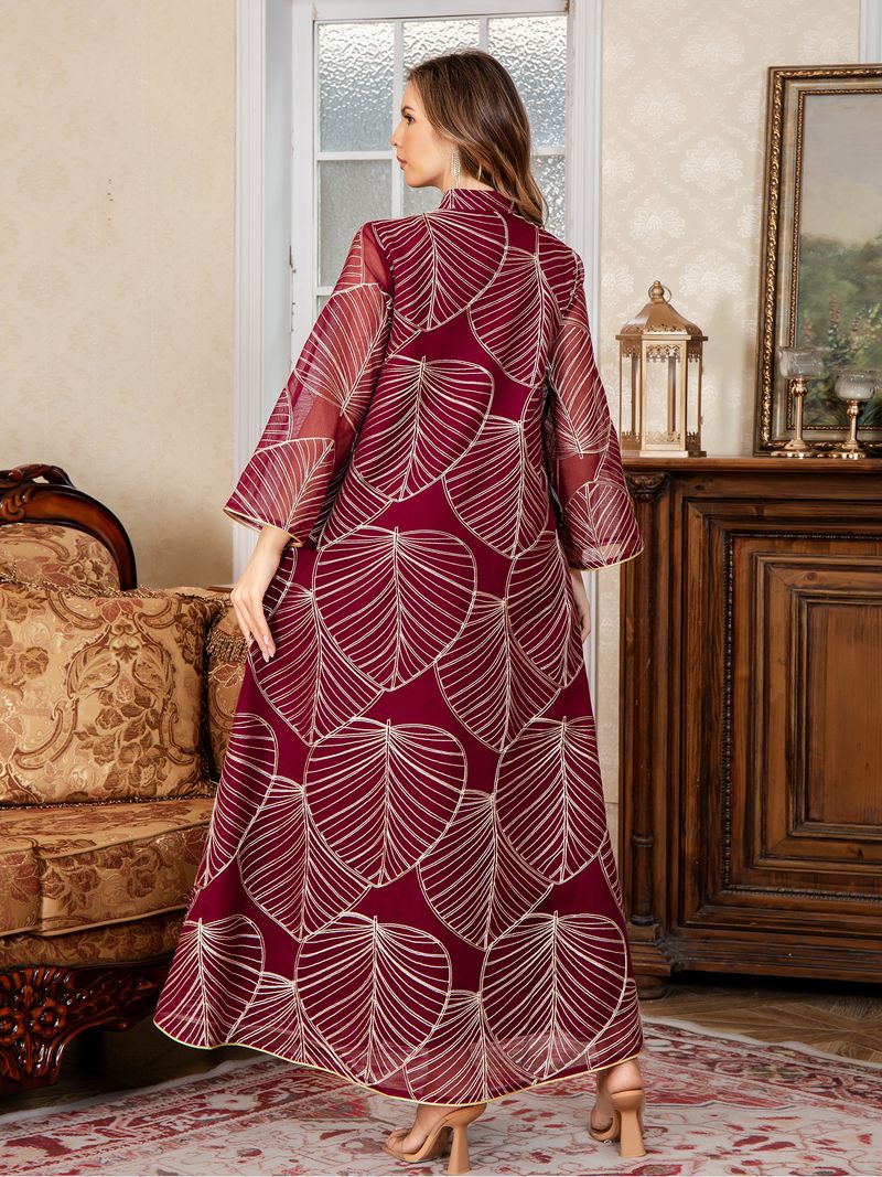 Elegante abito Abaya ricamato – Abito lungo musulmano a maniche lunghe per donna (M-XXL, rosso/beige/verde)_voghion.com