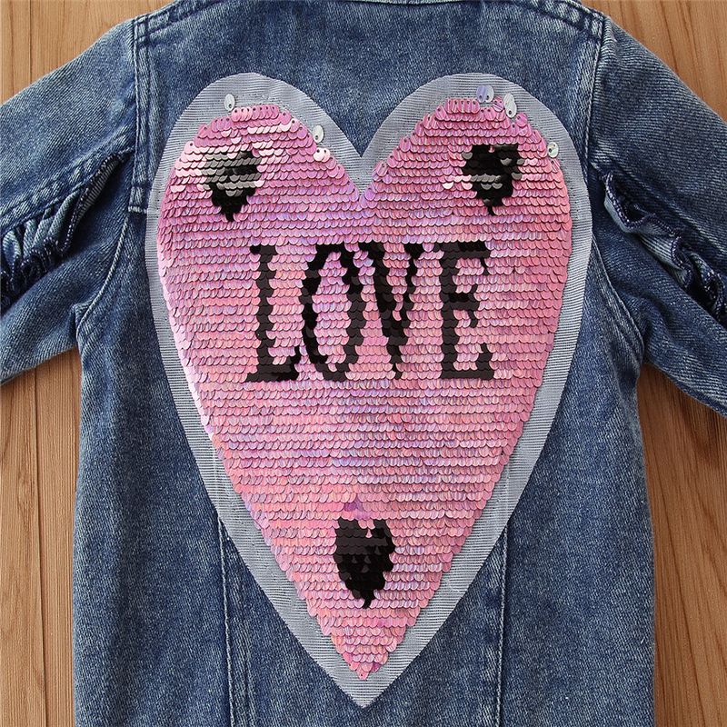 Giacca di jeans da ragazza Giacca autunnale con lettere d'amore con paillettes per bambini_voghion.com