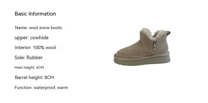 Nordeste com sola grossa de neve com zíper para botas curtas femininas com pele integrada, pelúcia de lã e espessada_voghion.com