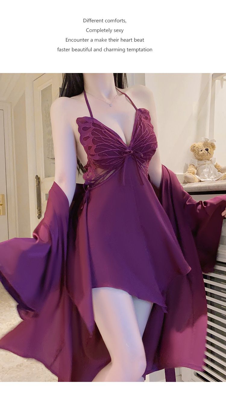 Ice Silk Plus Size Pajama Set, With Chest Cushion For Super Comfort, Bow Tie Nightgown And Outer Robe Showcasing Fashionable Charm_voghion.com