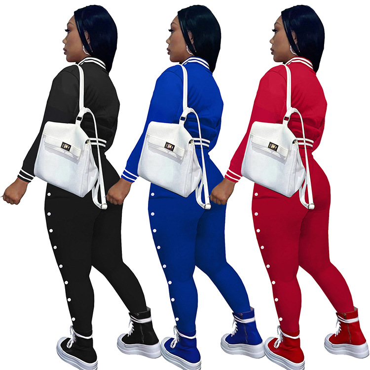 Women's solid color baseball two-piece blazer with breasted pockets_voghion.com