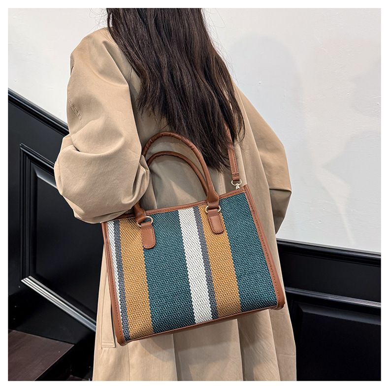 Large Capacity Handheld Tote For Women 2025 New European And American Trendy Canvas Color-Block Striped Single Shoulder_voghion.com