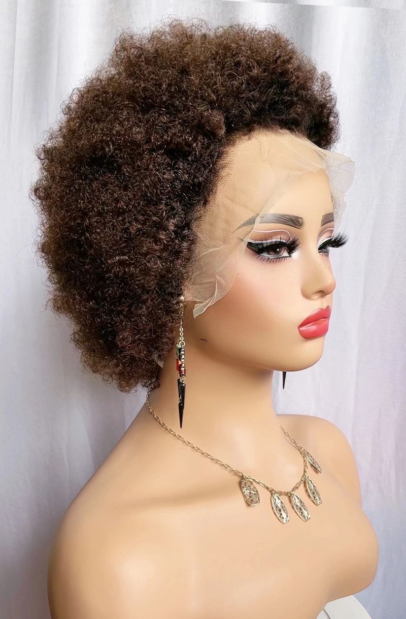 Afro-Perücke mit strukturierter Spitze vorne – 100 % Echthaar, kurz und flauschig gelockt, atmungsaktive Kappe für natürliche schwarze Frisuren_voghion.com