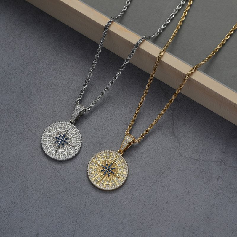 Collana con ciondolo a forma di bussola in rame, stile hip hop, da uomo e da donna, con zirconi intarsiati in rame e ciondolo a forma di croce._voghion.com