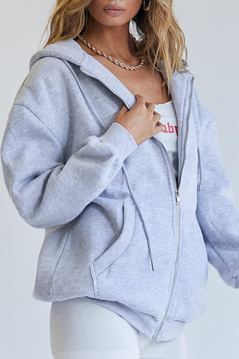 Women's Clothing Women's Cute Hooded Jacket With Drawstring - Oversized Zip-Up Sweatshirt For Teens & Girls - Cozy Fall Outerwear In Multiple Colors_voghion.com