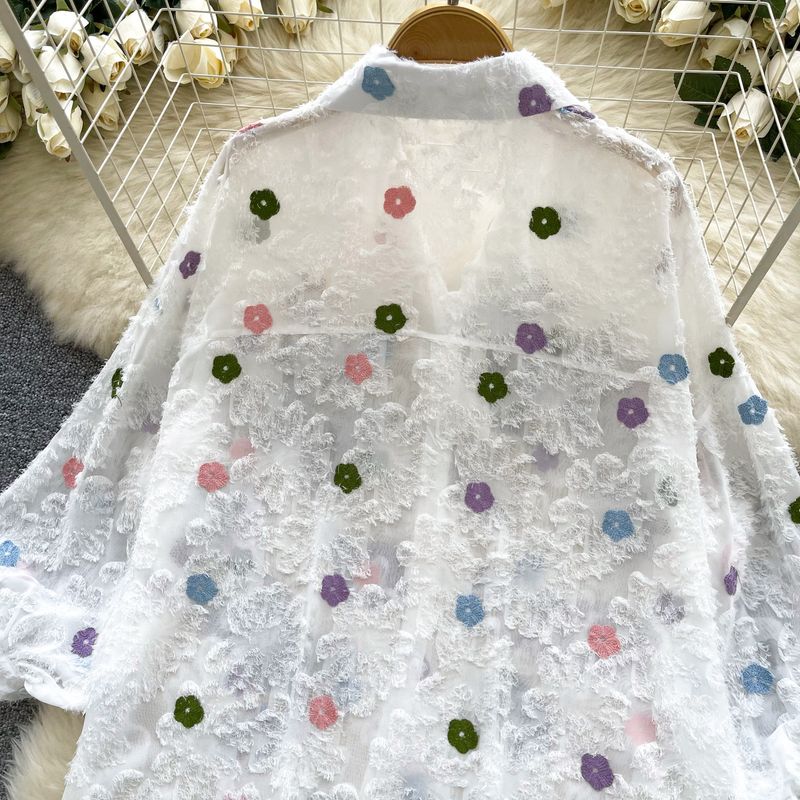 Chemise à manches longues à revers en diamant pour femme, broderie tridimensionnelle, style nouveau, tendance, ample, slim, ludique, printemps_voghion.com