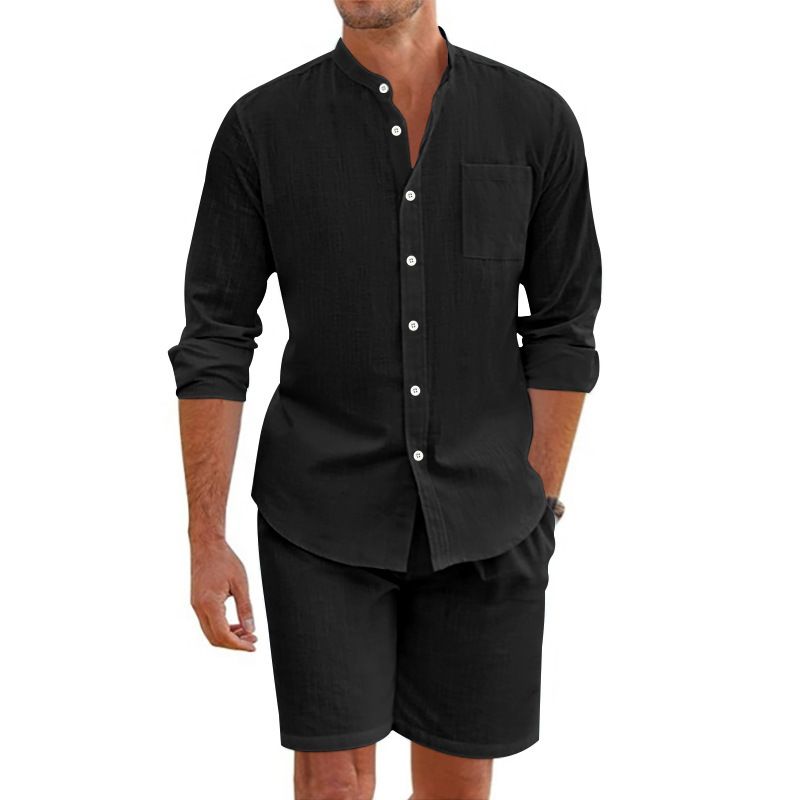 Camicia estiva da uomo in lino con bottoni, maniche lunghe, pantaloncini, cardigan, casual, ampio, completo da spiaggia._voghion.com