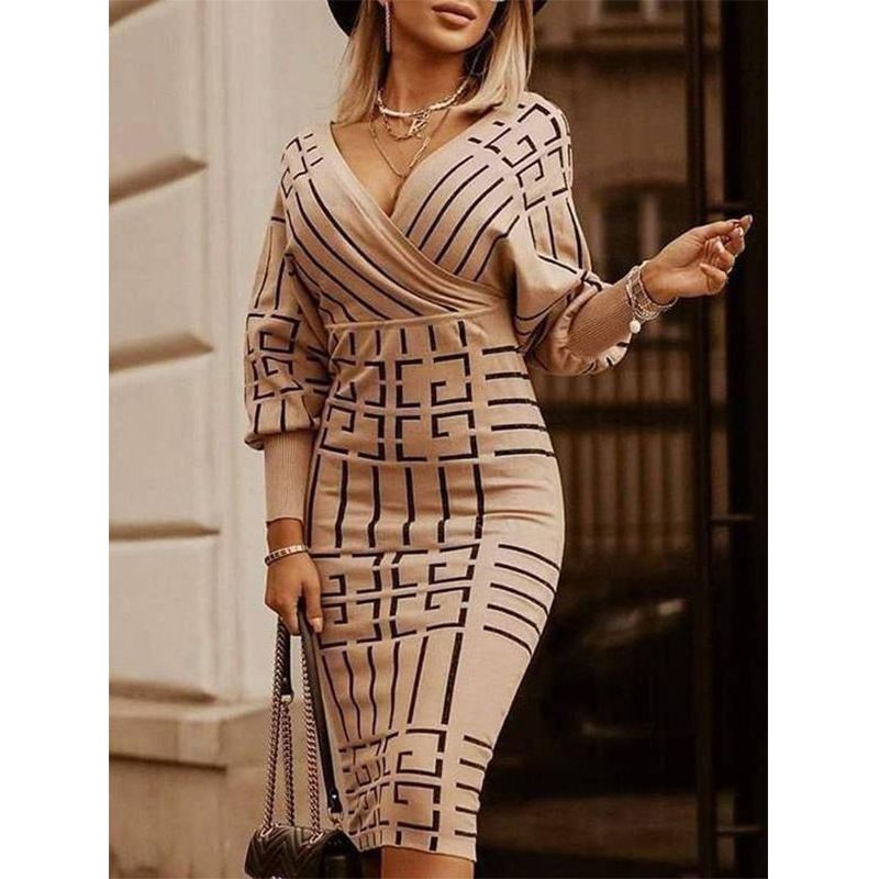 Abito da donna a righe con scollo a V medio e maniche lunghe a vita alta_voghion.com