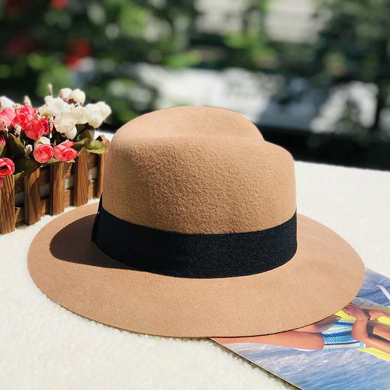 Autumn and winter oblique top hat British pepper letter M wool wide brim hat wool hat_voghion.com