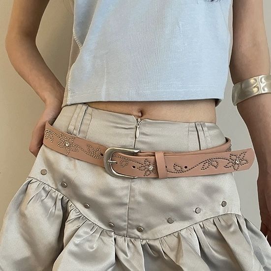 Y2k rivet inlaid flower versatile Korean jeans with belt, personalized high-end feeling, slim waist and slimming effect_voghion.com