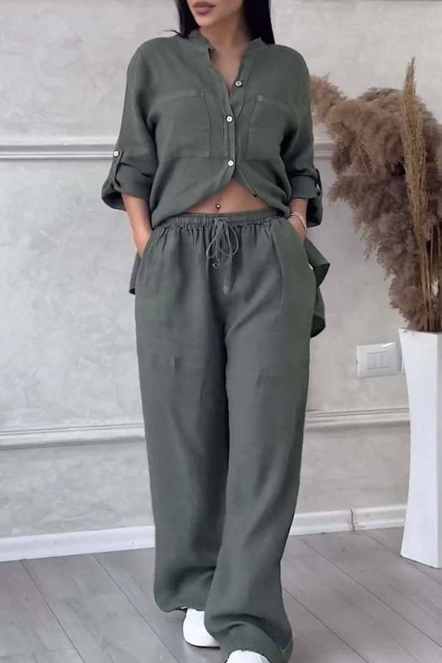 Elegant dame linned 2-delt sæt langærmet skjorte med brede ben Bukser ensfarvet Loungewear Efterår Vinter Todelt matchende outfits_voghion.com