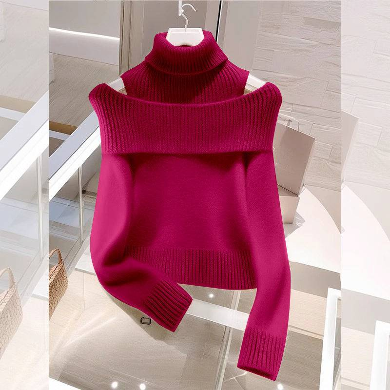 Roupas femininas Outono e inverno macio e de alta qualidade vinho tinto duas peças malha tops gola alta ombro a ombro suéter_voghion.com