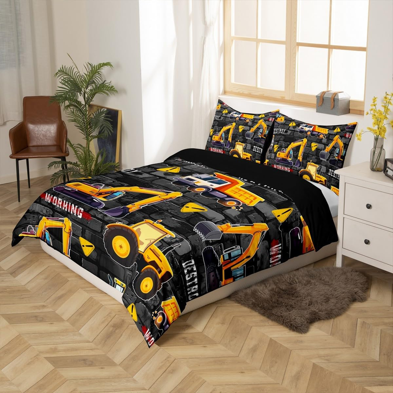 Excavator Duvet Cover Set Double Size For Kids Boys Teens Construction Vehicles Bedding Set Equipment Trucks Comforter Cover With 2 Pillowcases _voghion.com