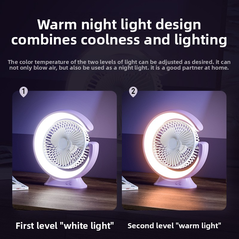 USB Rechargeable Desk Fan With LED Night Light - 360° Rotatable Multi-Functional Cooling Fan For Home & Office_voghion.com