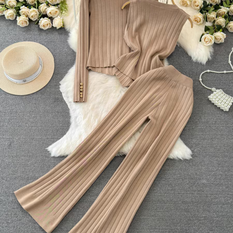 Damenmode Strickanzug-Set V-Ausschnitt Langarm Strickjacke Weste Hohe Taille Gerade Weite Beinhose Outfit_voghion.com