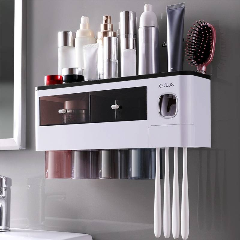 Wall Mount Toothbrush Holder With Auto Toothpaste Dispenser & Storage Drawer - Space Saving Bathroom Organizer For Toothbrush, Cup & Essentials_voghion.com