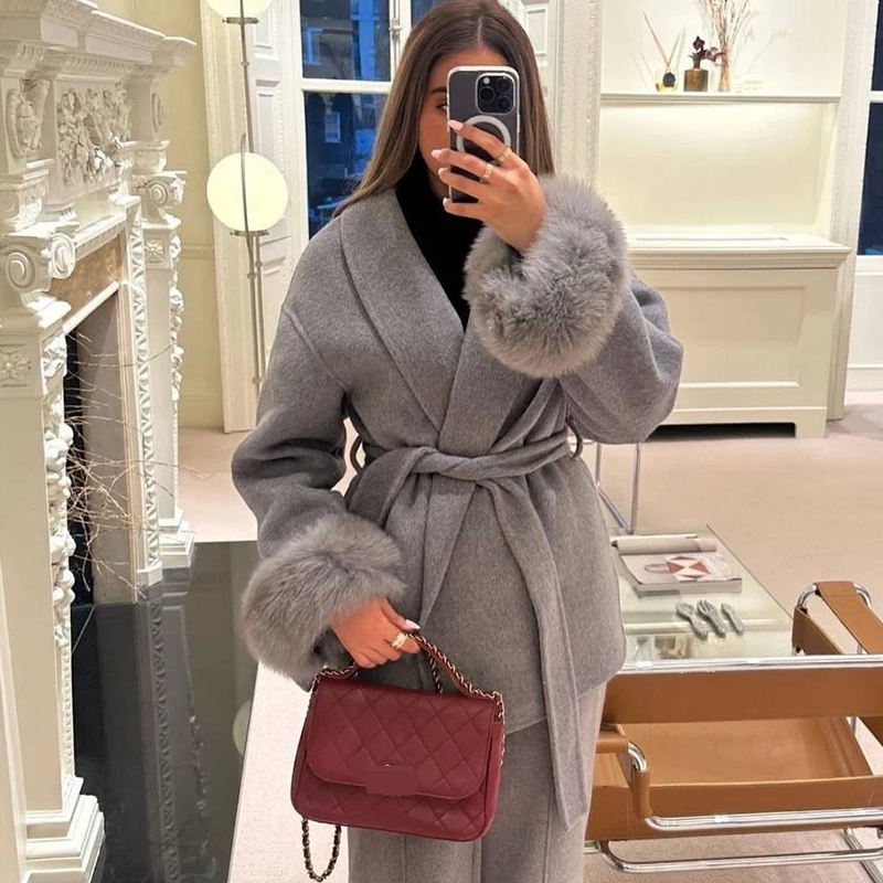 Women's Clothing Autumn And Winter Woolen Coat Short Coat Women's Cuffs Fur V Neck Lace Up Solid Color_voghion.com