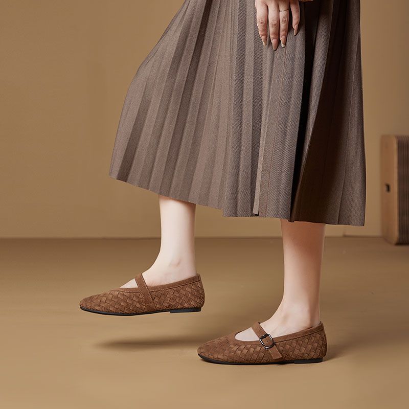 Simple And Versatile Woven Belt Mary Jane Shoes, Round Toe Single Shoes With Woven Texture, Breathable Sheepskin Pad, Comfortable Suede_voghion.com