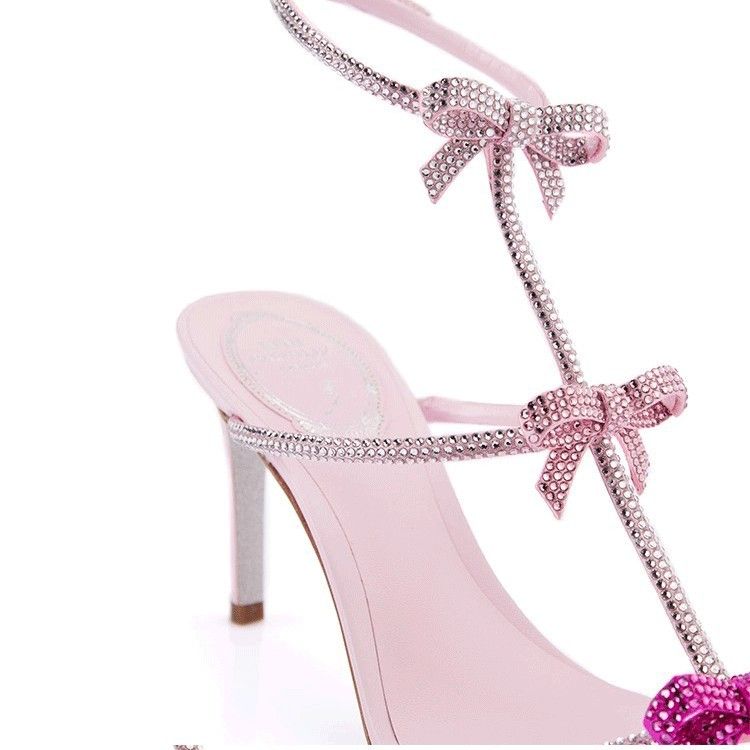 Women's Elegant Bow Knot Rhinestone Strappy Sandals - Open Toe High Heel Roman Shoes With Thin Heel For Summer With Stiletto Heels._voghion.com