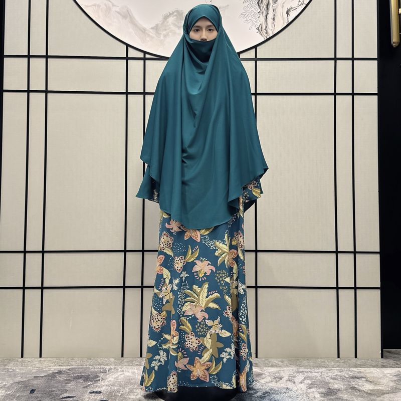 Women's Clothing Ladies Long Sleeved Robe Abaya Non Positioning Color Dress Print With Headscarf Two Piece Set_voghion.com