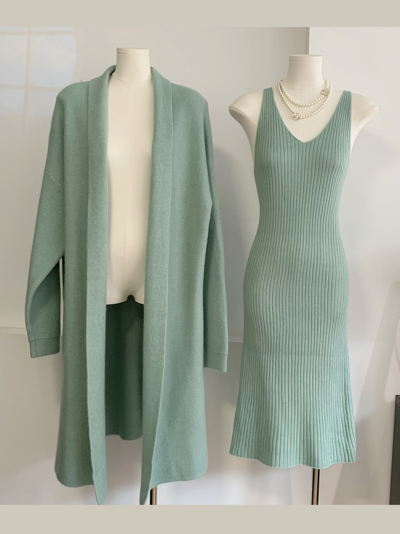 Damenbekleidung, gestrickter Anzug, elegantes Weste-Kleid für Damen + lange Strickjacke, heiß_voghion.com