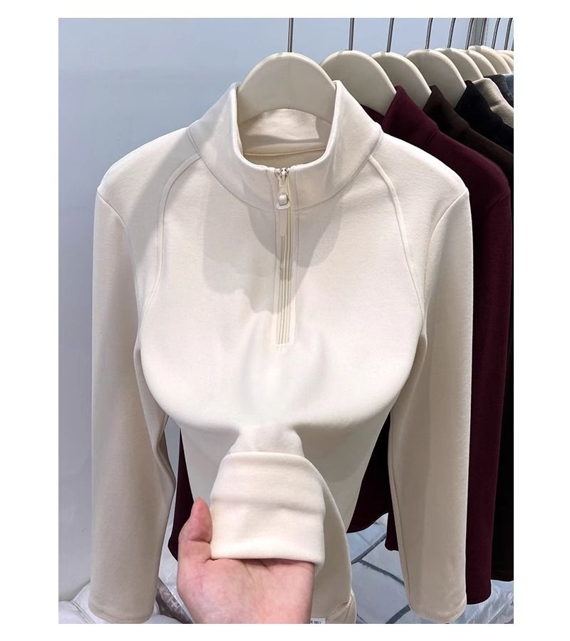 Half-Zip Stand Collar Fleece-Lined Long Sleeve Sweatshirt - Women's Thermal Base Layer For Fall & Winter_voghion.com