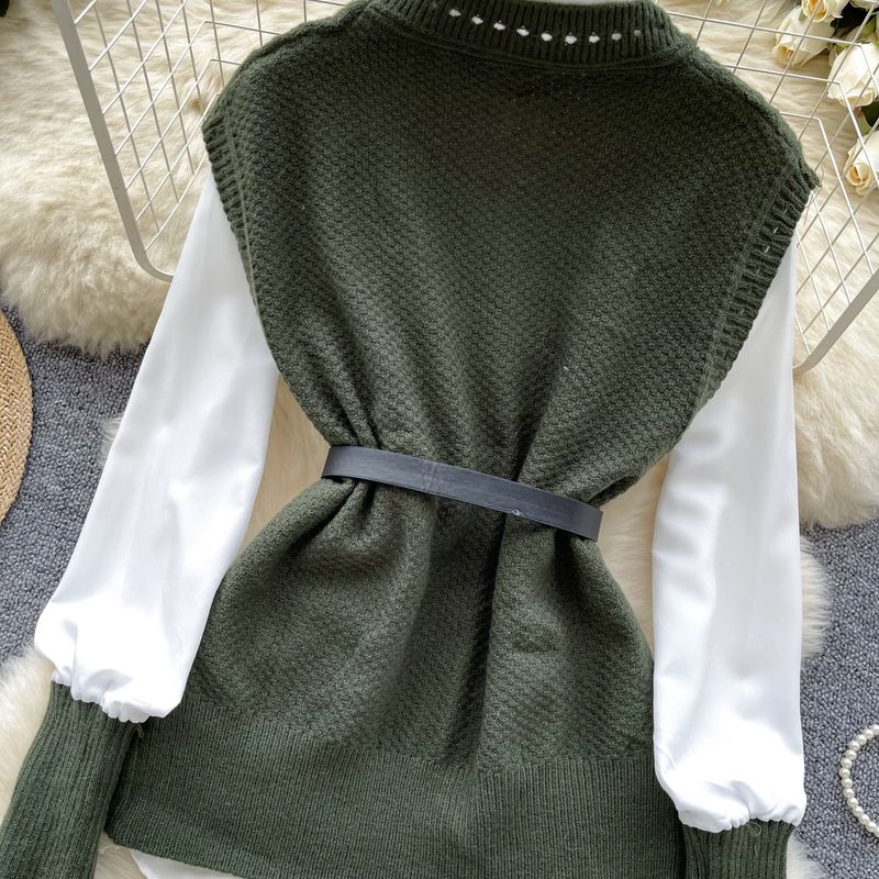 Damenbekleidung Lagenhemdweste Damen Herbst Zweiteiler Modischer und vielseitiger ärmelloser gedrehter Strickweste mit Langarmhemd_voghion.com