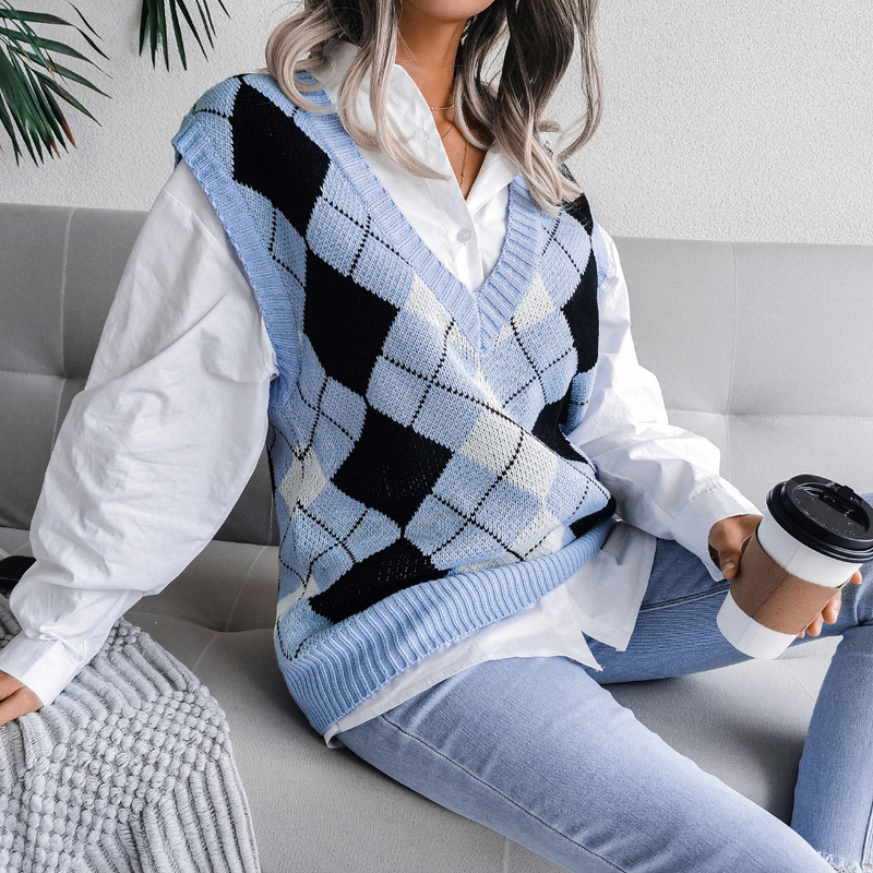 Vêtements pour femmes automne et hiver style collégial losange col en v décontracté gilet tricoté ample pull vêtements pour femmes_voghion.com