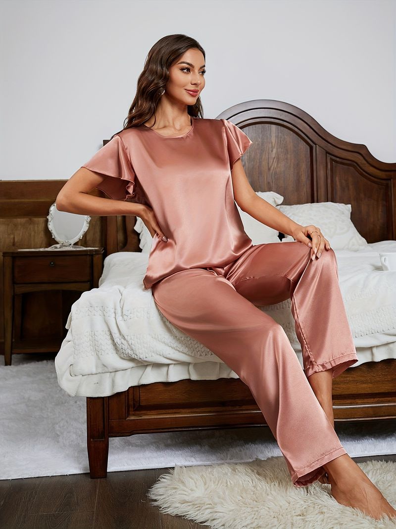 Ice Pyjama für Damen, Kurzarm und lange Hose, einfarbig, lockere Passform, neues Seiden-Homewear-Set, cooles Gefühl_voghion.com
