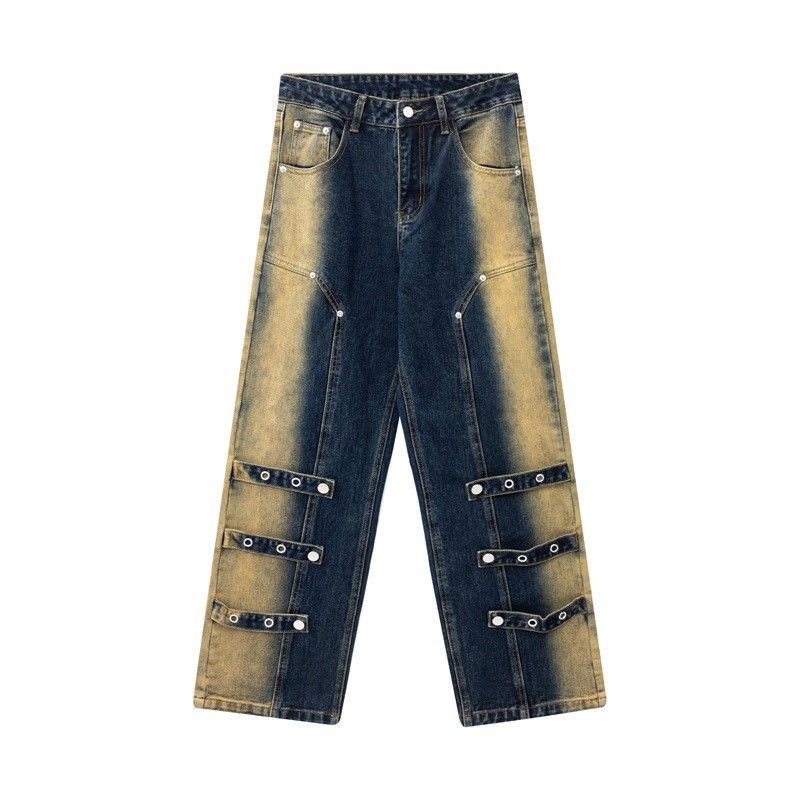 Herenkleding gewassen distressed gespoten apenband versierde jeans unisex modemerk losse wijde pijpen broek_voghion.com
