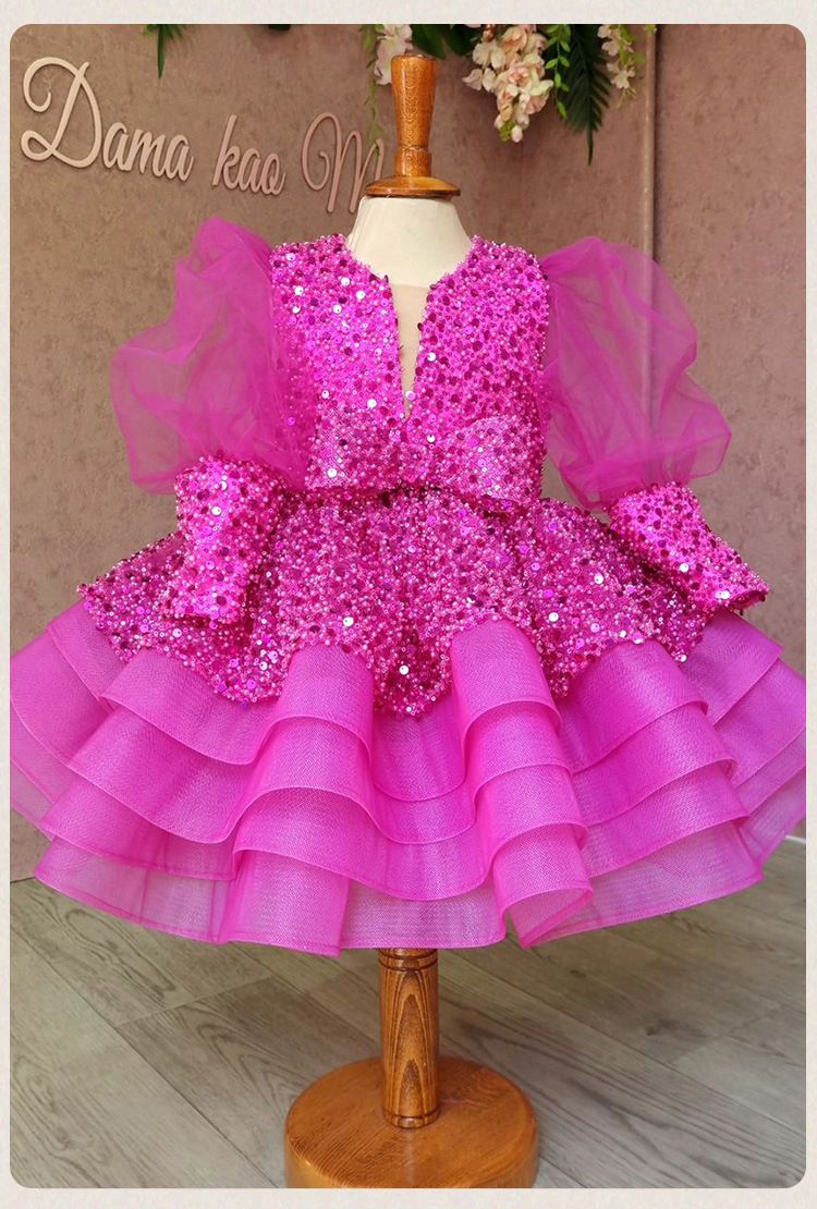 Barnkläder Prinsessklänning för flickor klänning paljetter mesh puffärmar tutu kjol rosa röd klänning prestationsdräkt för barn_voghion.com