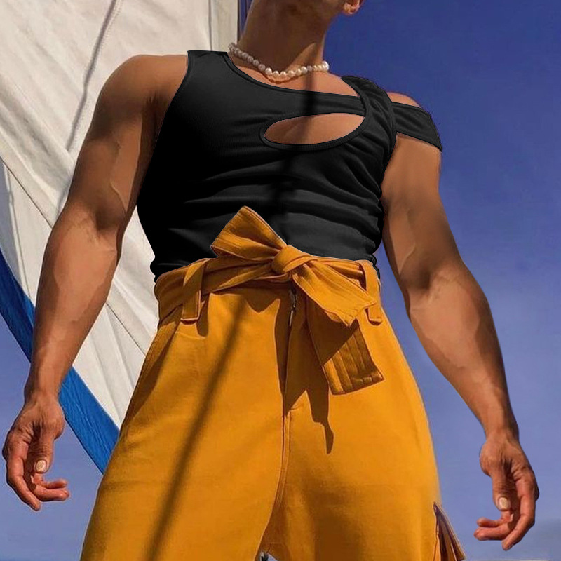 Herenkleding Holle mouwloze basis shirt sexy mannen persoonlijkheid blote schouder hart_voghion.com