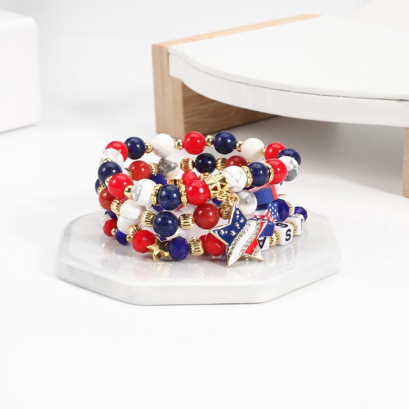 Handgefertigtes patriotisches Perlenarmband mit Natursteinen – USA-Flagge und Stern-Design – Unisex-Schmuck für Männer und Frauen, Größenverstellbar, Fünfzackiger Stern_voghion.com