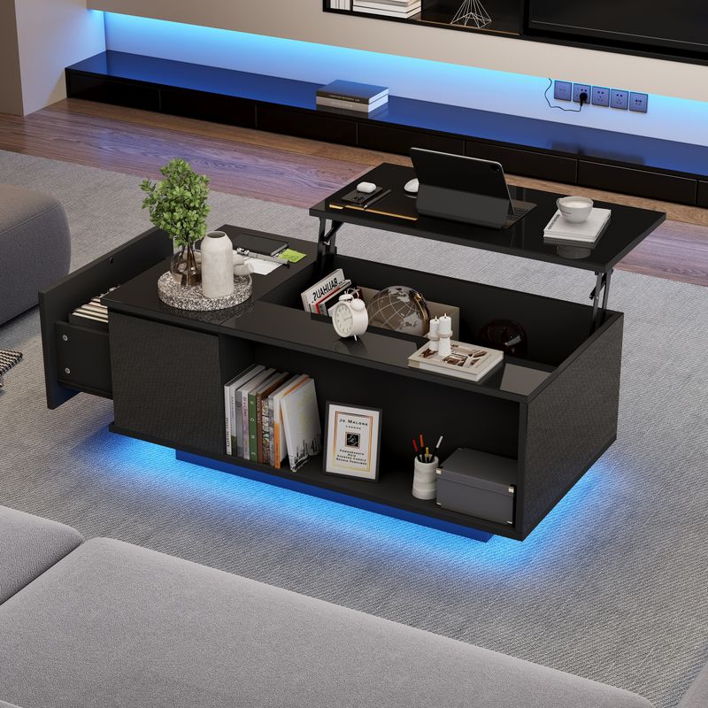 Table basse réglable en hauteur 100 x 50 x 40 cm avec rangement dissimulé, éclairage LED, tiroir, table d'appoint de salon, noire_voghion.com