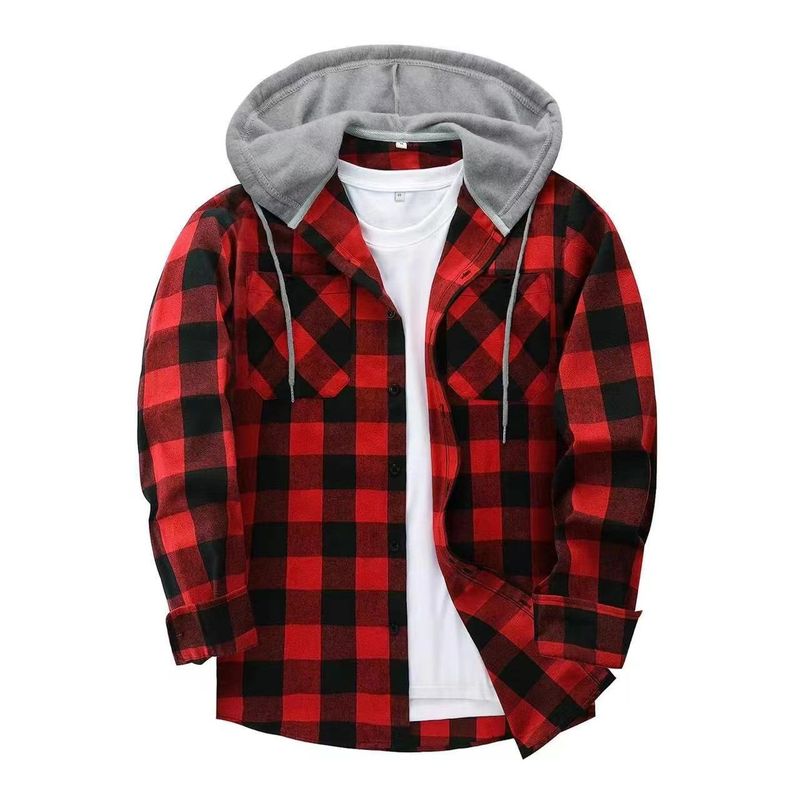 Unschlagbare Qualität, neues modisches Fleece-Karo-Hoodie-Shirt mit doppelter Taschenabdeckung für Herren_voghion.com