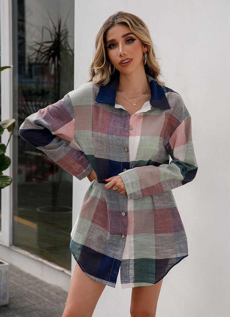 Camicia midi scozzese colorata ampia e casual, top da donna, monopetto, a maniche lunghe, scozzese_voghion.com