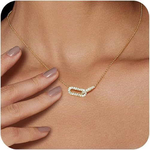 Collana ovale con ciondolo a doppio anello intrecciato con diamanti intarsiati placcati, nuovo stile_voghion.com