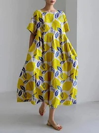 Abito da donna con stampa a maniche corte, alla moda, ampio e scollo rotondo_voghion.com
