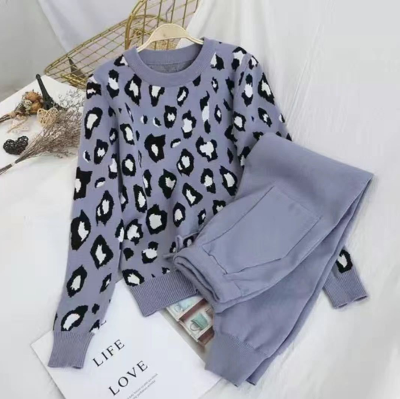 Women's Clothing Autumn And Winter New Products Ins Personalized Leopard Print Pullover Long Sleeved Sweater + Simple Pants Suit_voghion.com