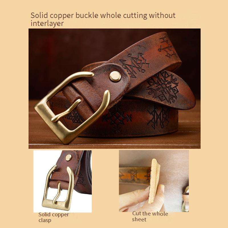 Men's Belts Personalized Embossed Handmade Genuine Leather Top Layer Leather Belt Men's Retro Copper Buckle Trendy Personalized Men's Belt Men_voghion.com