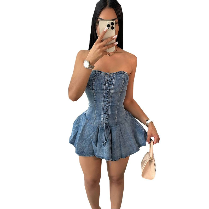Abito da donna in denim elasticizzato con cerniera, top a tubino con lacci, spalline trasparenti sexy, gonna corta con volant_voghion.com