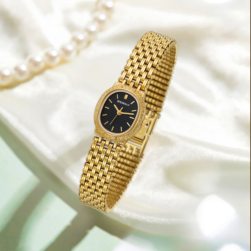 BERNY Small Gold Watches For Women Dainty Minimalist Oval Dial Stainless Steel Bracelet Watch Waterproof Luxury Ladies Quartz Watch With Tool Included_voghion.com