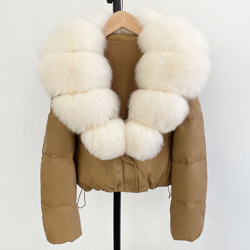 Luxury Fox Fur Trim Short Down Jacket For Women, Warm Winter Coat With Detachable Hood, Slim Fit Puffer Coat For Petite, Casual & Elegant Outerwear_voghion.com
