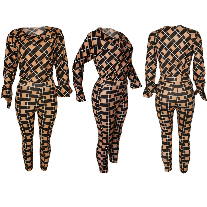 Explosieve losse blouse met lange mouwen en geruite broek, tweedelige set_voghion.com