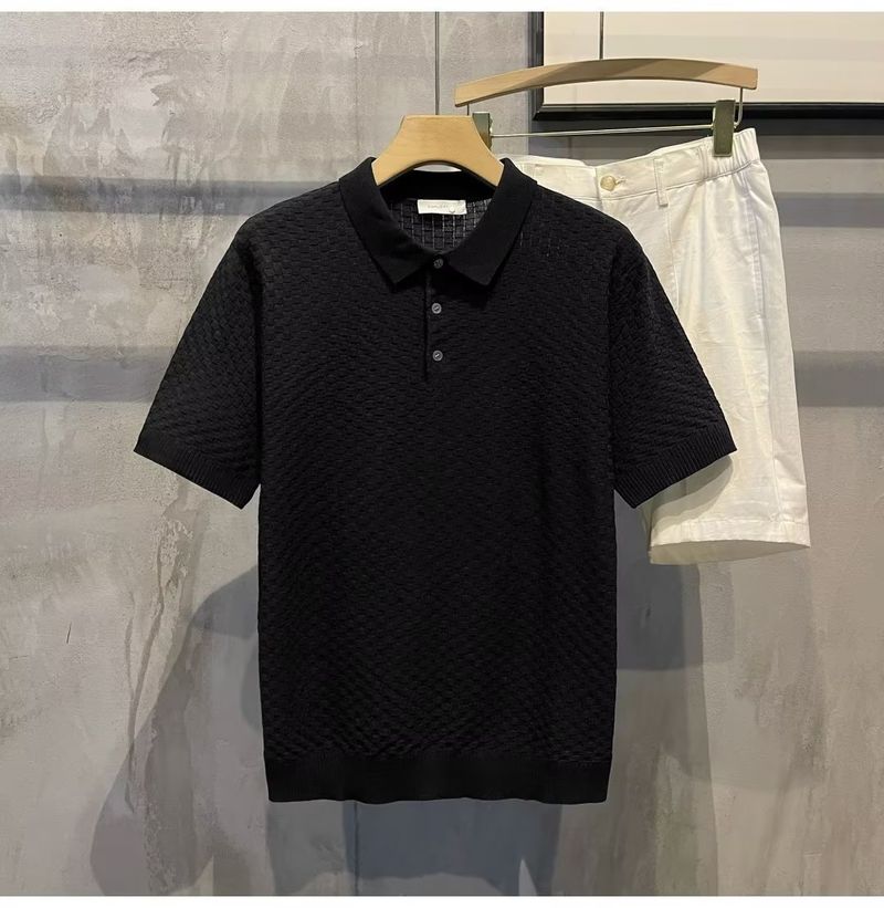 Herrenbekleidung Sommer New Ins Revers Kurzarm Poloshirt Herren Leichtes Luxus All Match Einfarbiges Kariertes Textur T-Shirt_voghion.com
